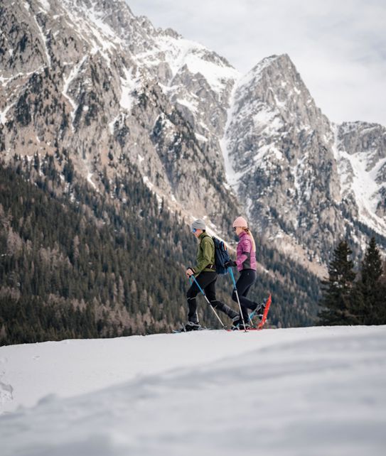 Two people on a snowshoe hike