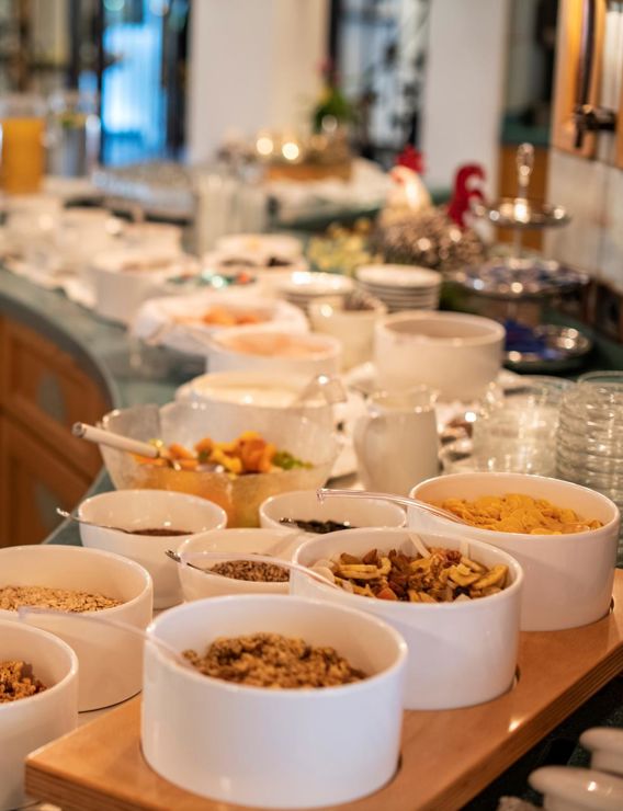 Ingredients for a breakfast bowl at the breakfast buffet
