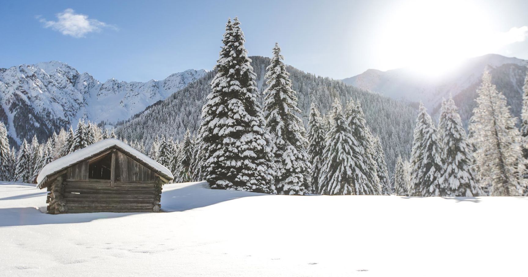 A landscape with mountains, a hut and trees in winter